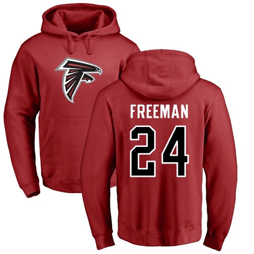 Atlanta Falcons Men Red Devonta Freeman Name And Number Logo NFL Football 24 Pullover Hoodie Sweatshirts